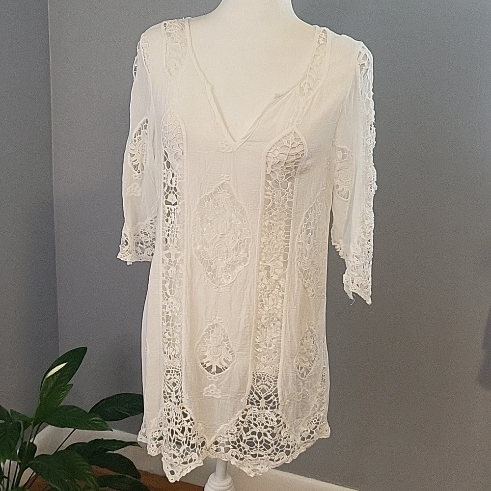 Solitaire Swim Unlined White Crochet Front 3/4 Sleeve Cotton Cover-Up Size S